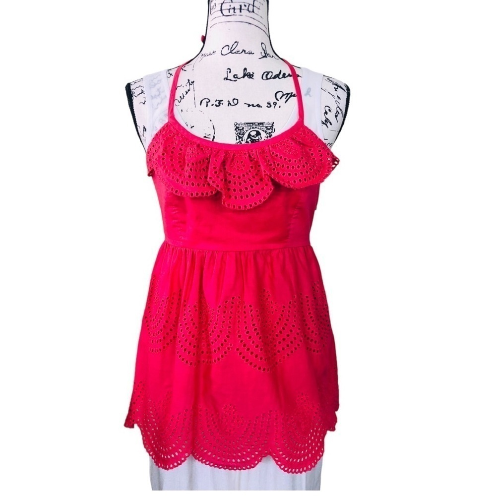 Tibi Red Eyelet Ruffle Halter Top